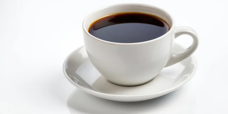White ceramic coffee cup filled with black coffee on matching saucer against plain white background