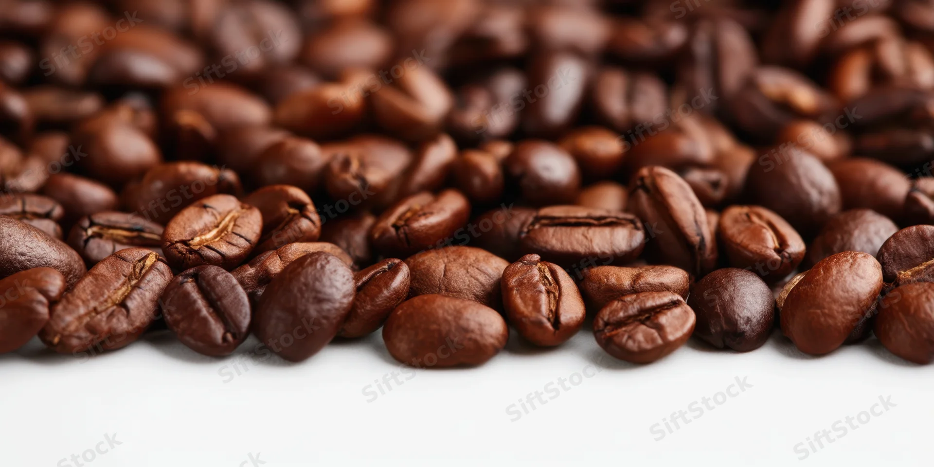 Roasted coffee beans arranged in a dense row on a white surface with copyspace below