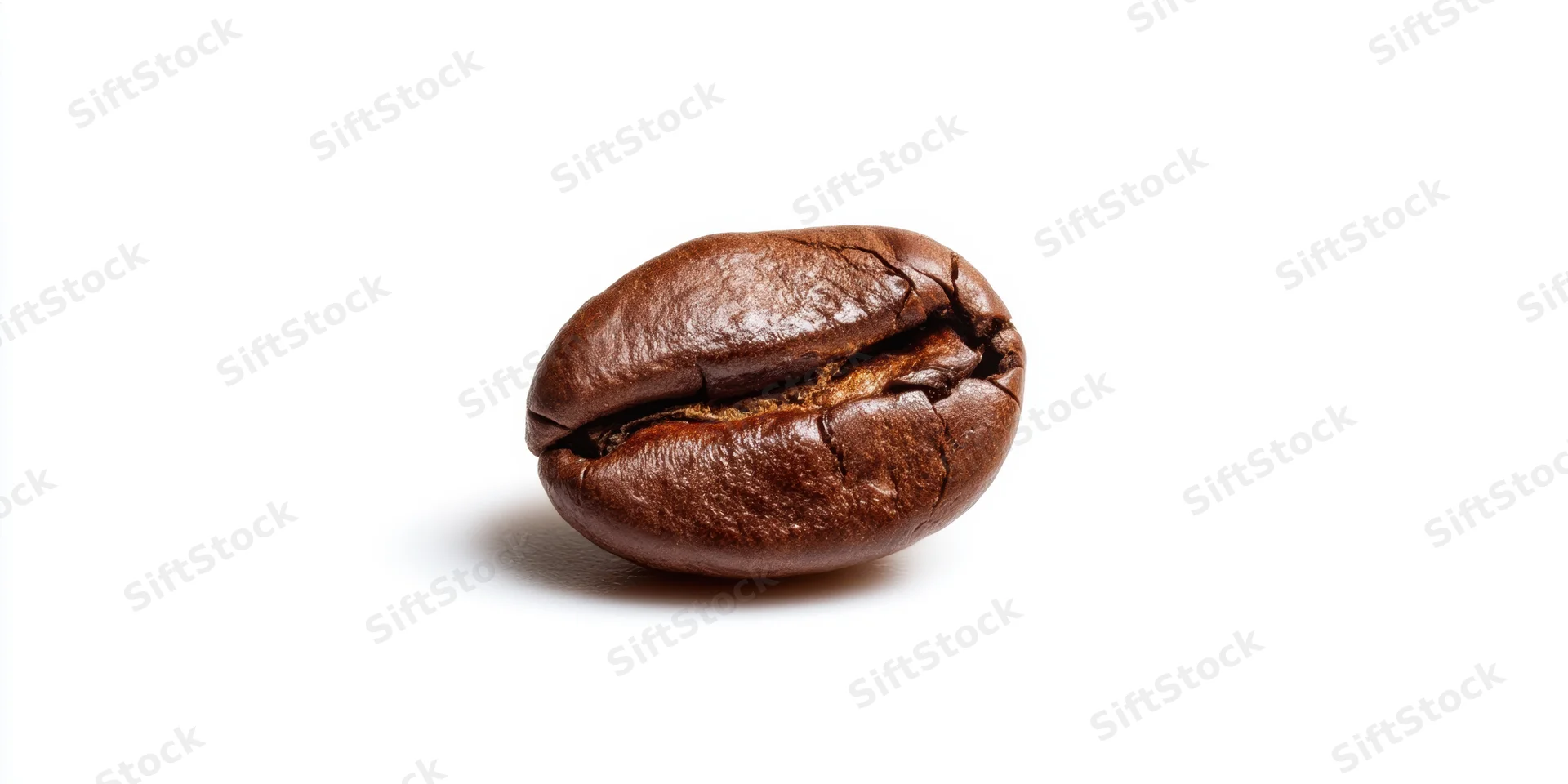 Close-up of a single roasted coffee bean with a prominent crack on a white background