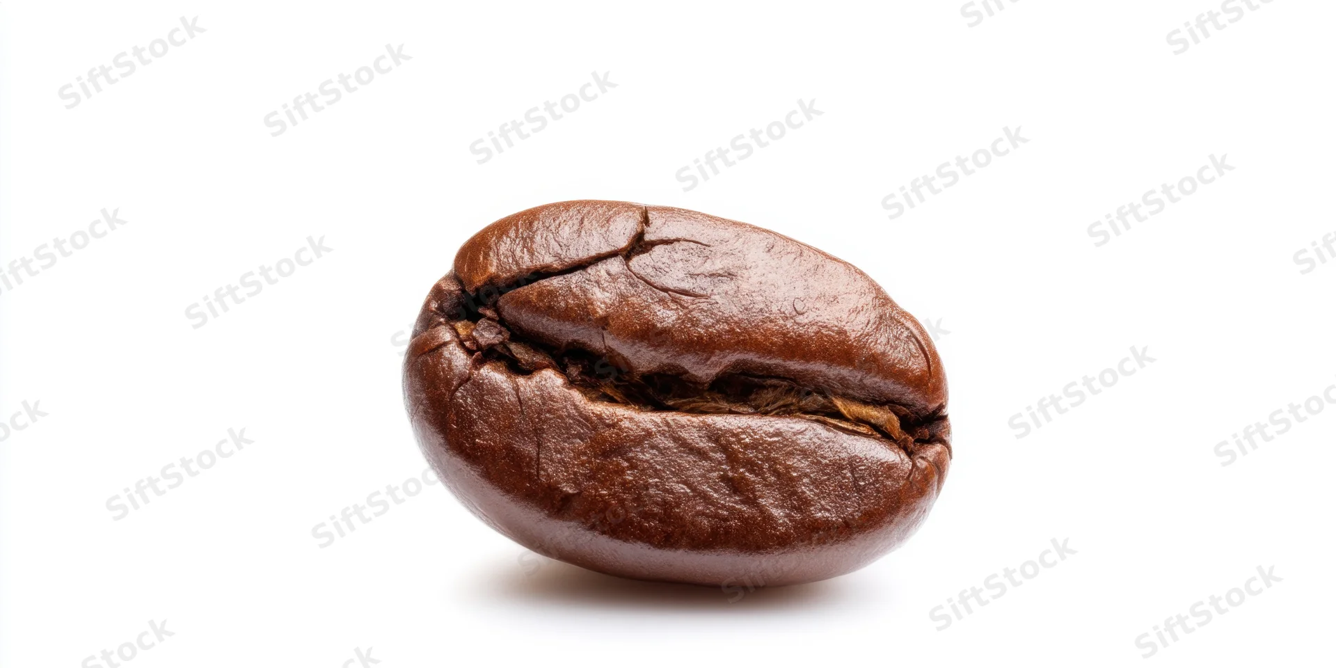 Single roasted coffee bean with prominent crack isolated on white background