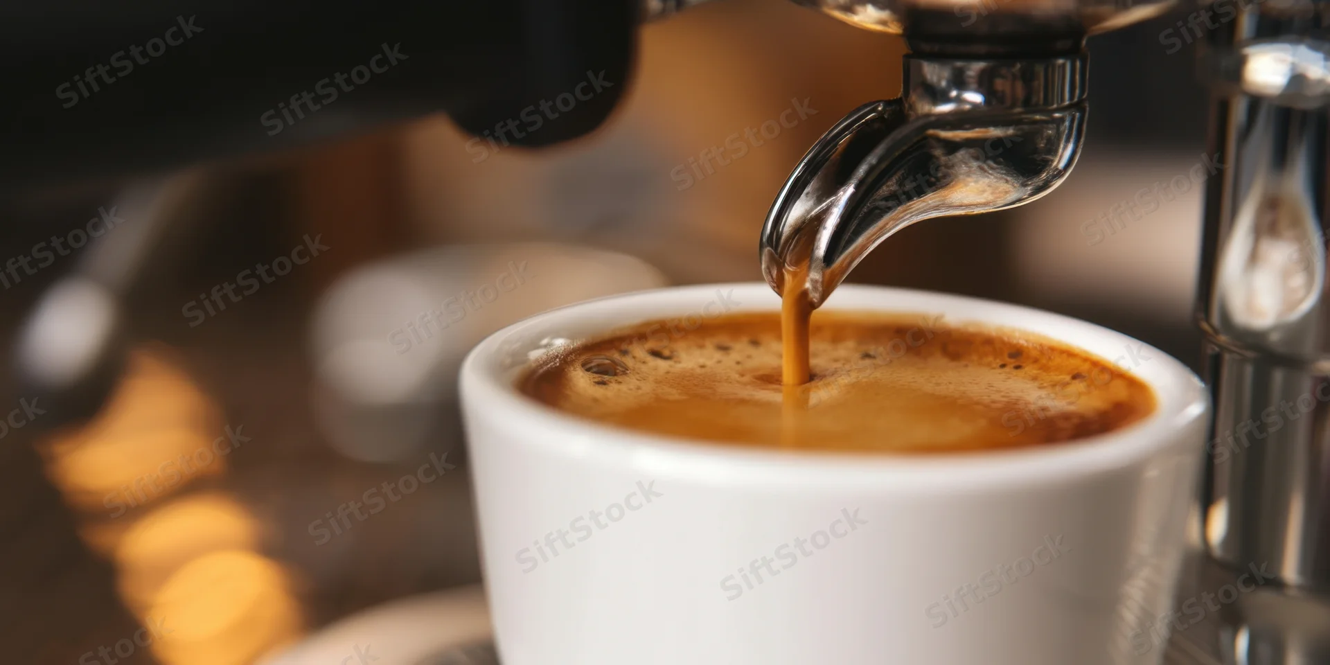 Espresso pouring from machine into white cup in café setting
