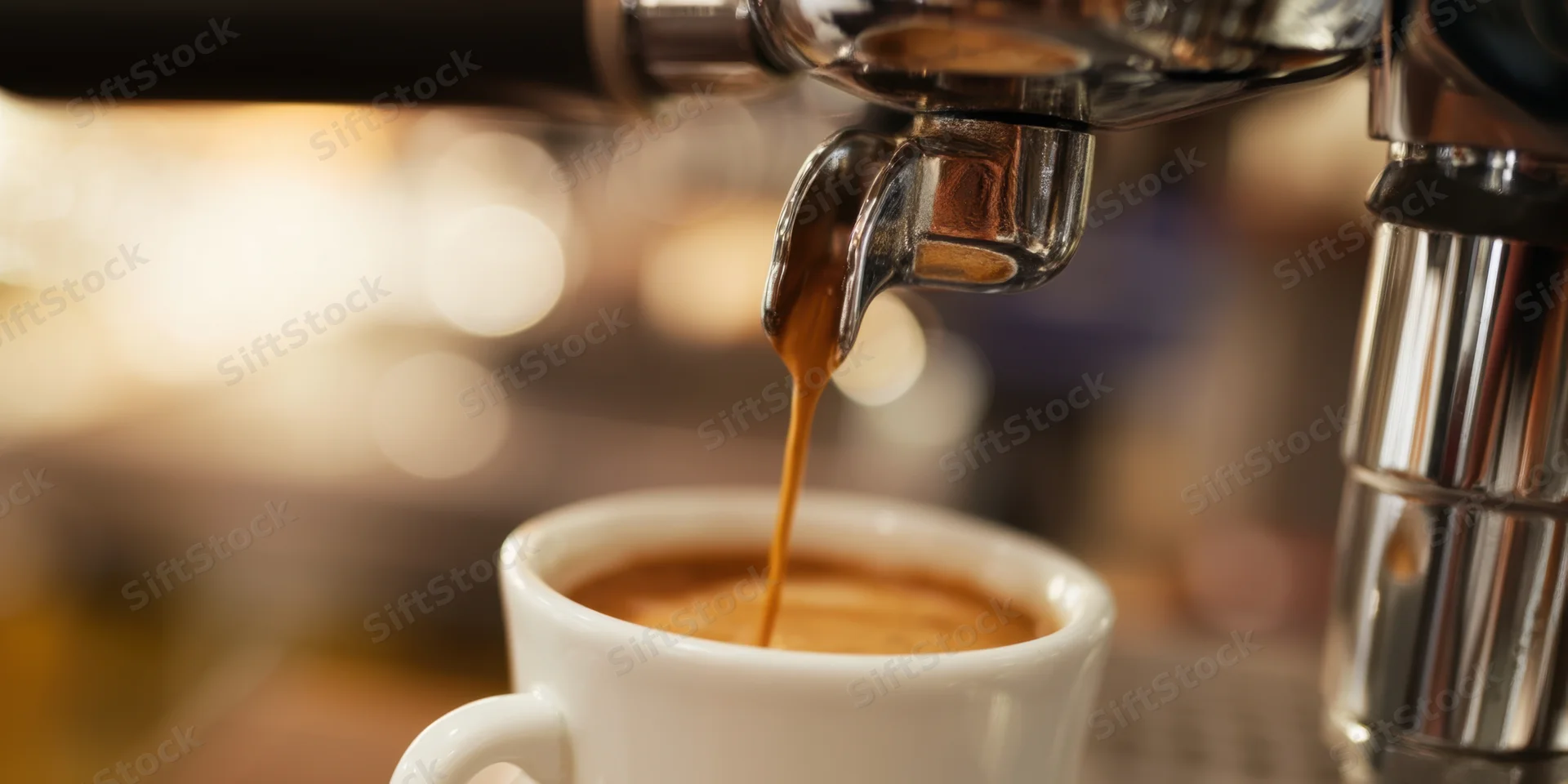Espresso machine pouring coffee into a white cup in a cafe