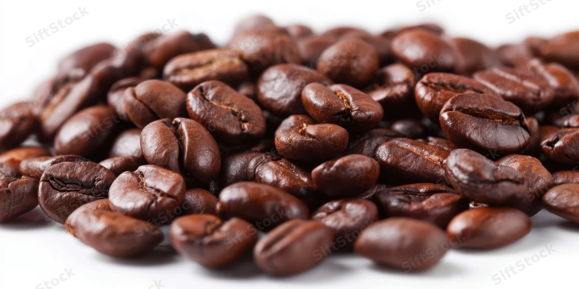 Close-up of glossy roasted coffee beans piled on a white background