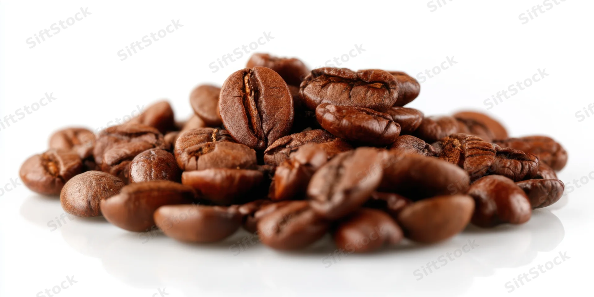 Close-up of glossy roasted coffee beans piled on a white surface