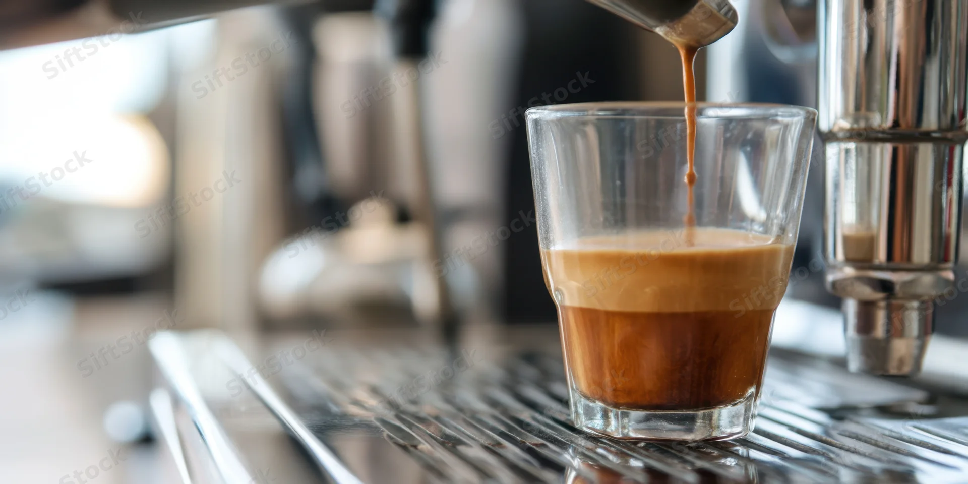 Espresso pouring from machine into glass cup on metal bar