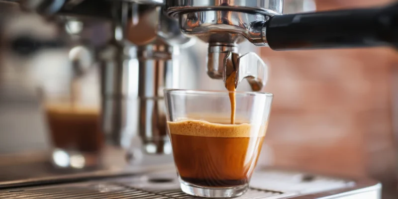 Espresso pouring from machine into glass cup on cafe counter