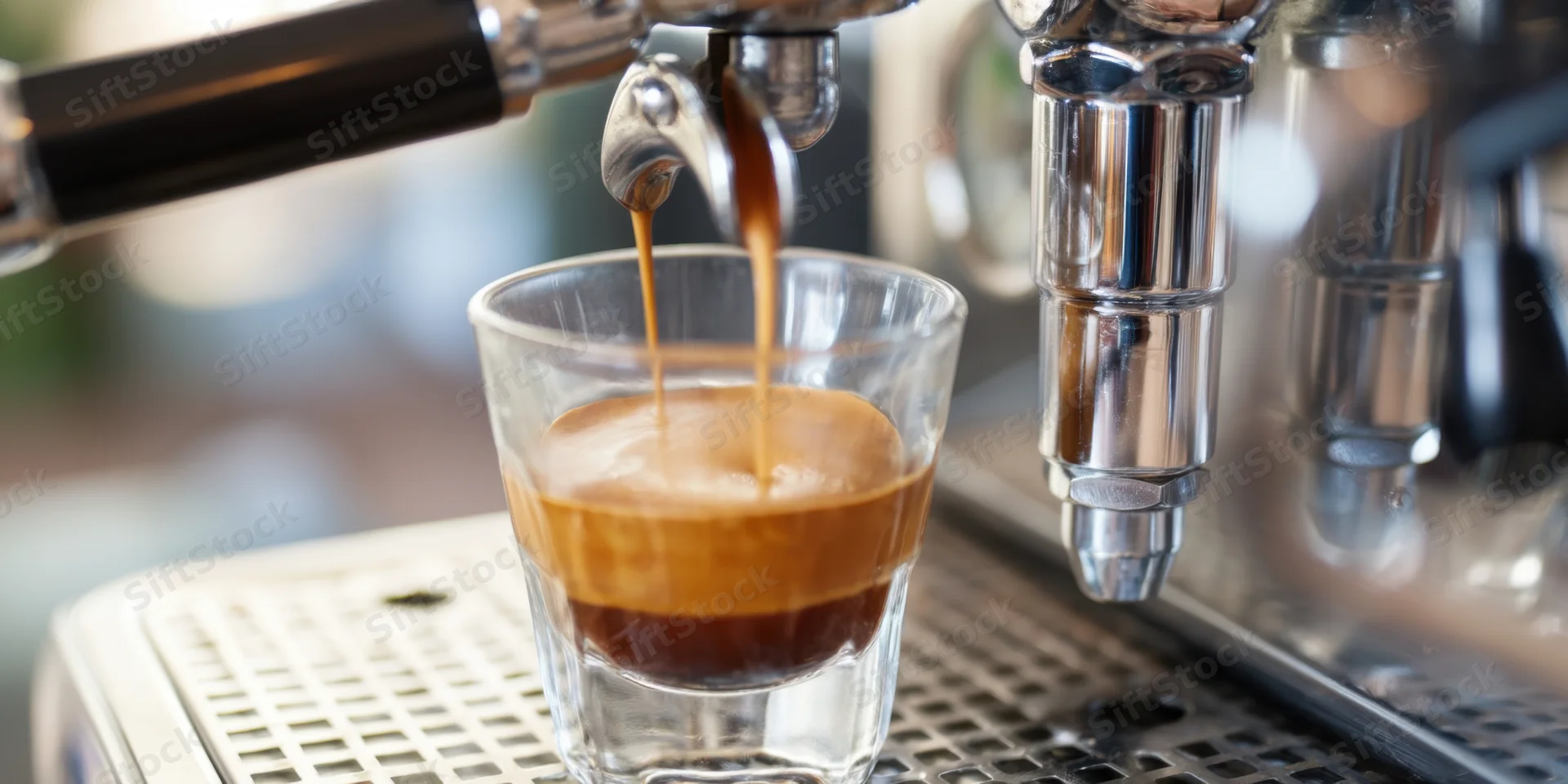 Espresso pouring from machine into glass cup on cafe counter
