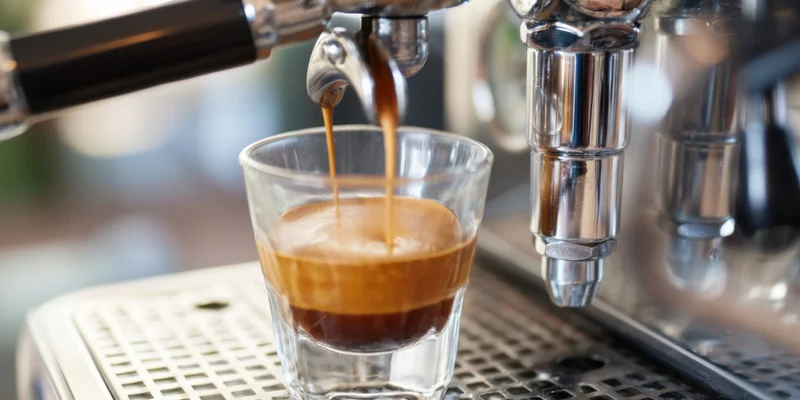 Espresso pouring from machine into glass cup on cafe counter