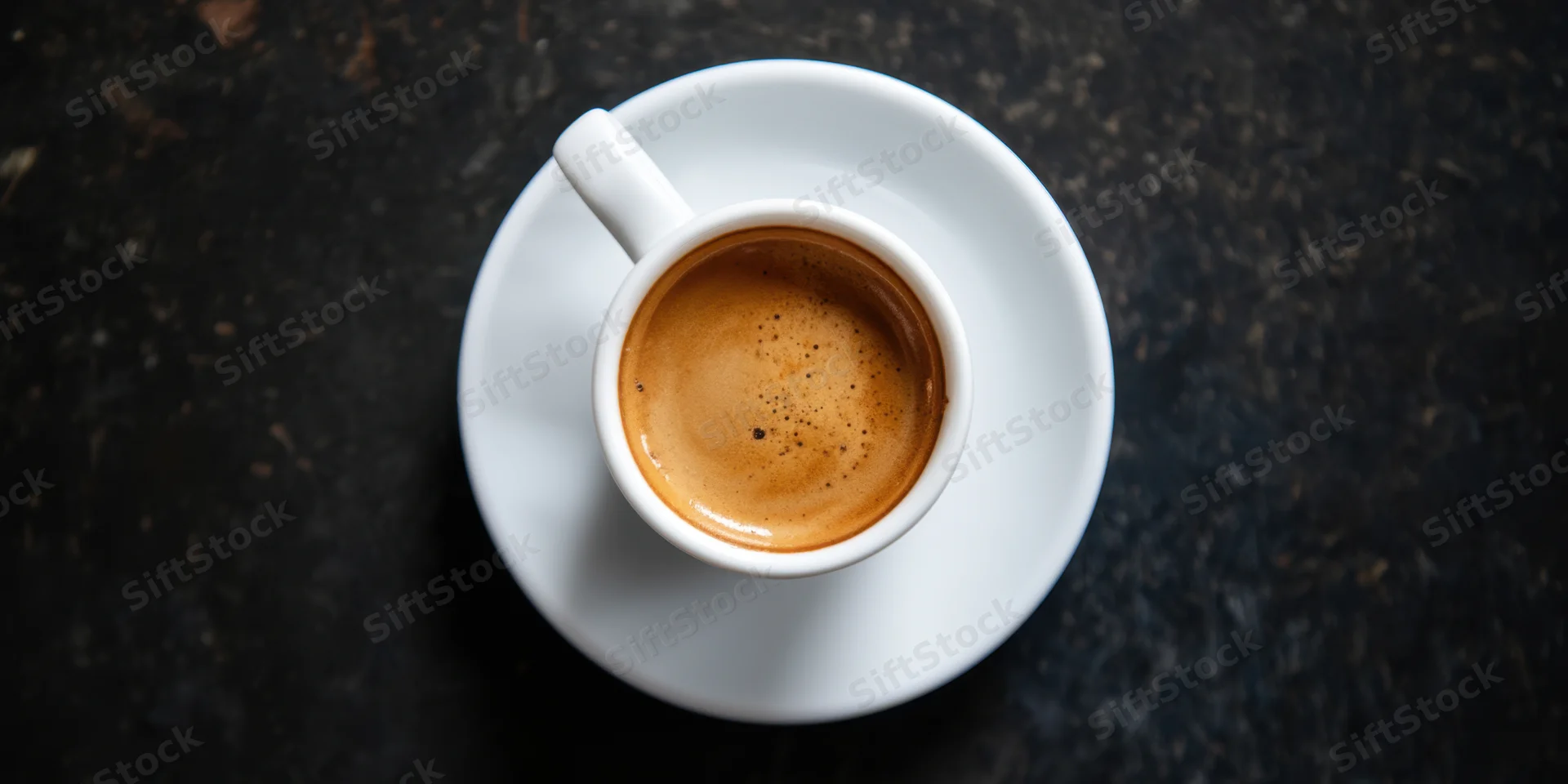White porcelain espresso cup with crema on dark surface, top-down view