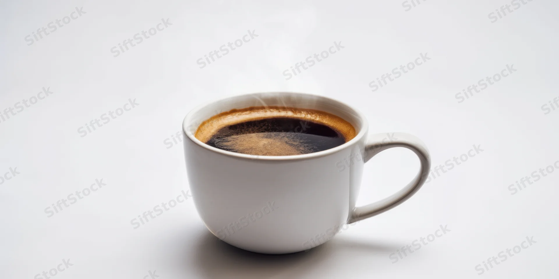 White ceramic mug filled with steaming dark coffee on plain white surface