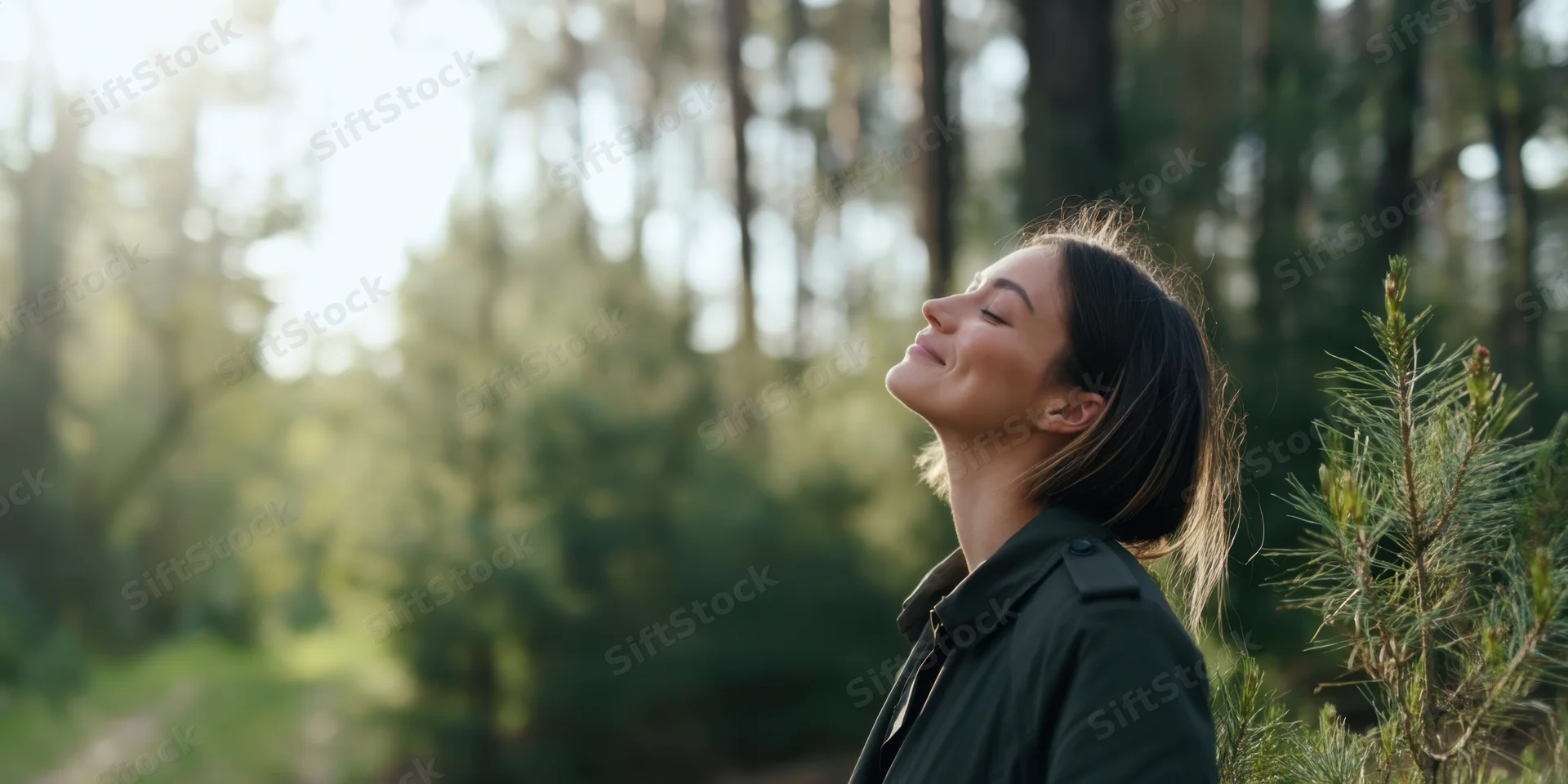 Woman with eyes closed breathing in a sunlit forest wearing a dark trench coat