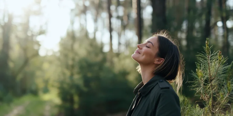 Woman with eyes closed breathing in a sunlit forest wearing a dark trench coat