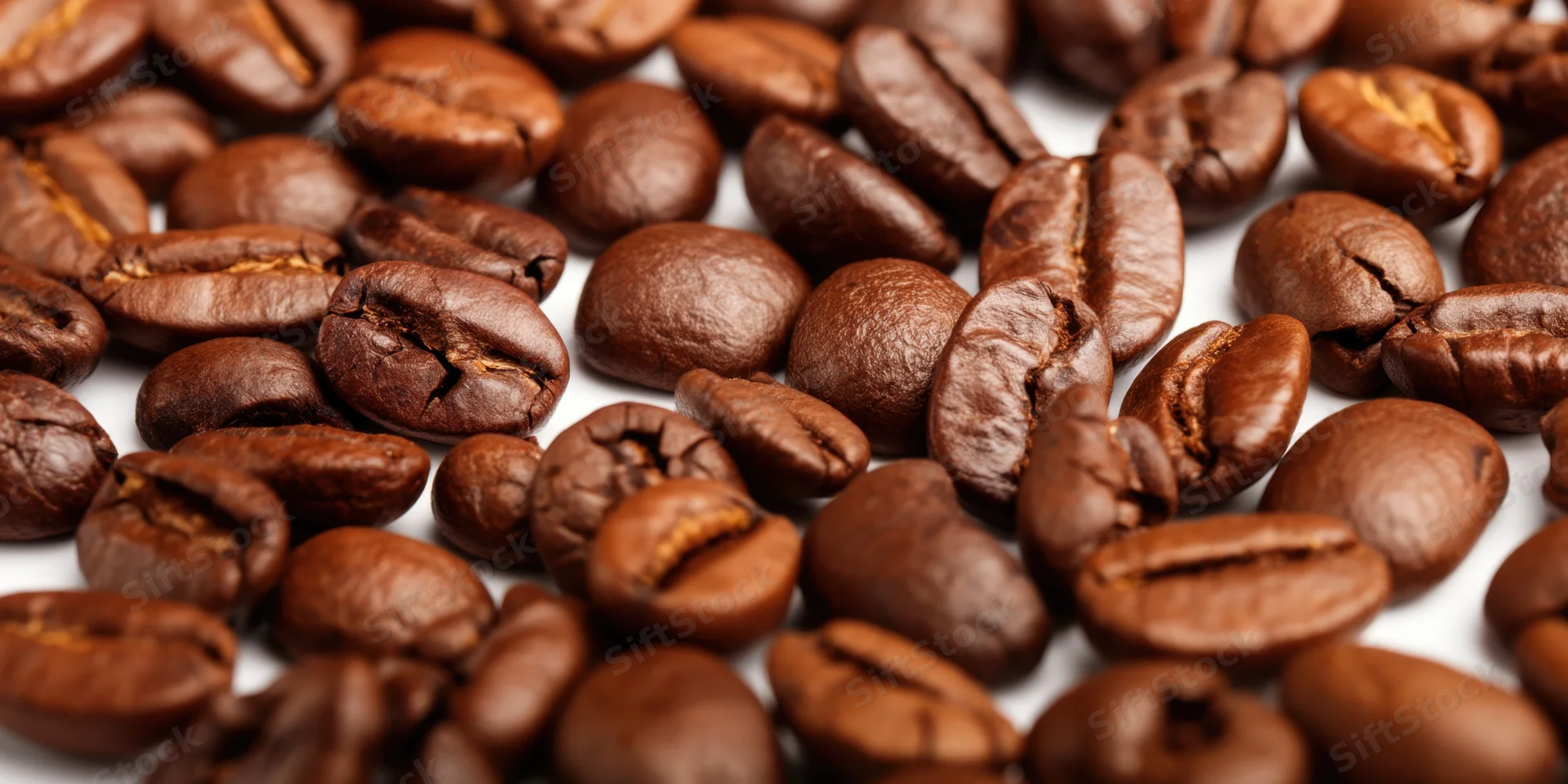 Roasted coffee beans scattered on a white background