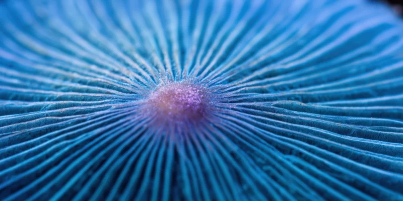 Macro closeup of blue mushroom gills radiating from center with fine texture and purple hue
