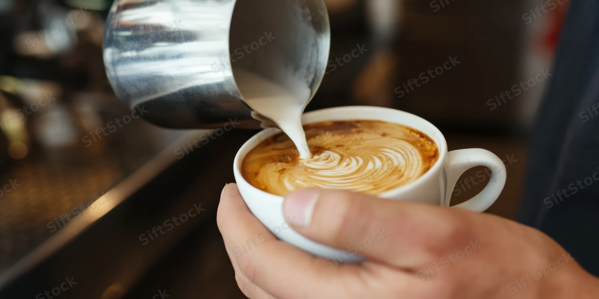Barista pouring steamed milk into a white ceramic cup to create latte art in a coffee shop