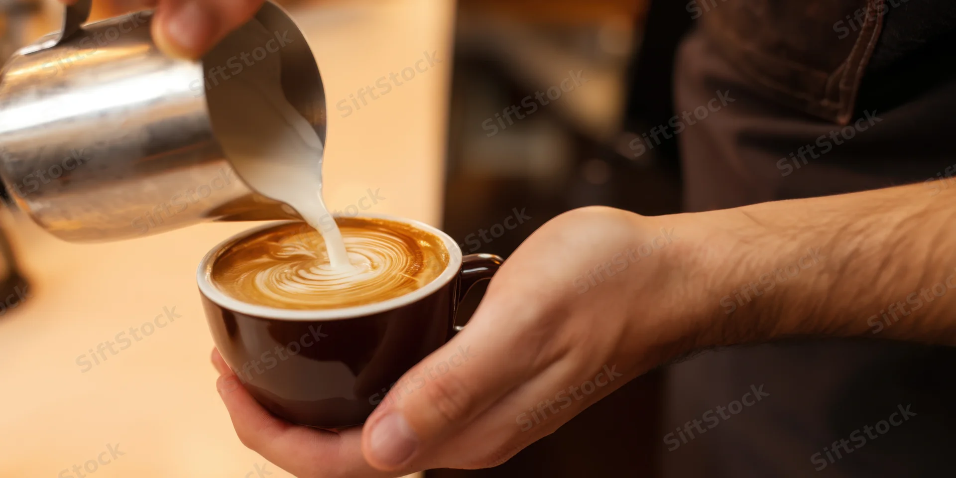 Barista pouring steamed milk into a ceramic latte cup to create foam art