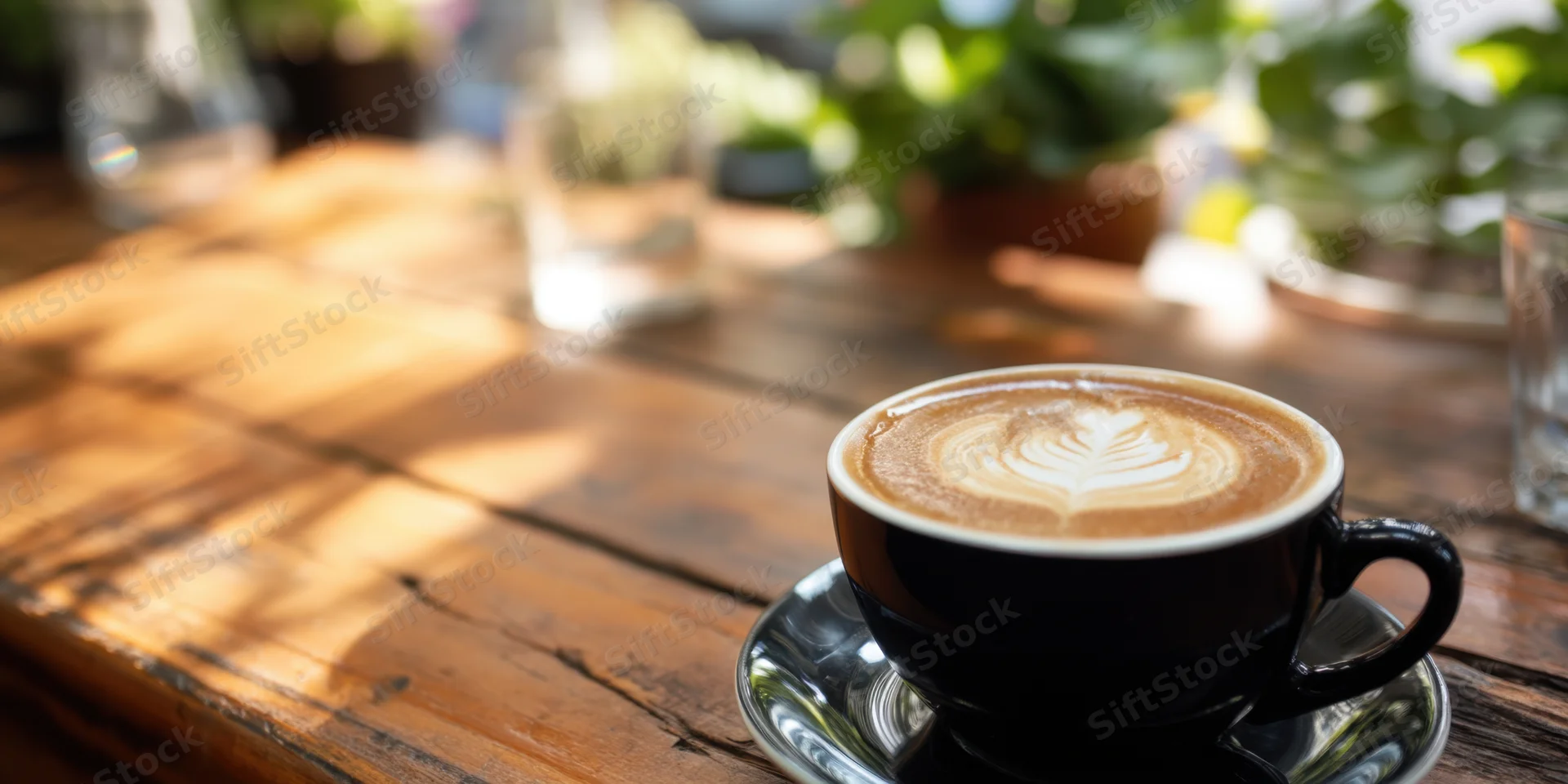 Black ceramic latte cup with rosette latte art on wooden table in sunlight