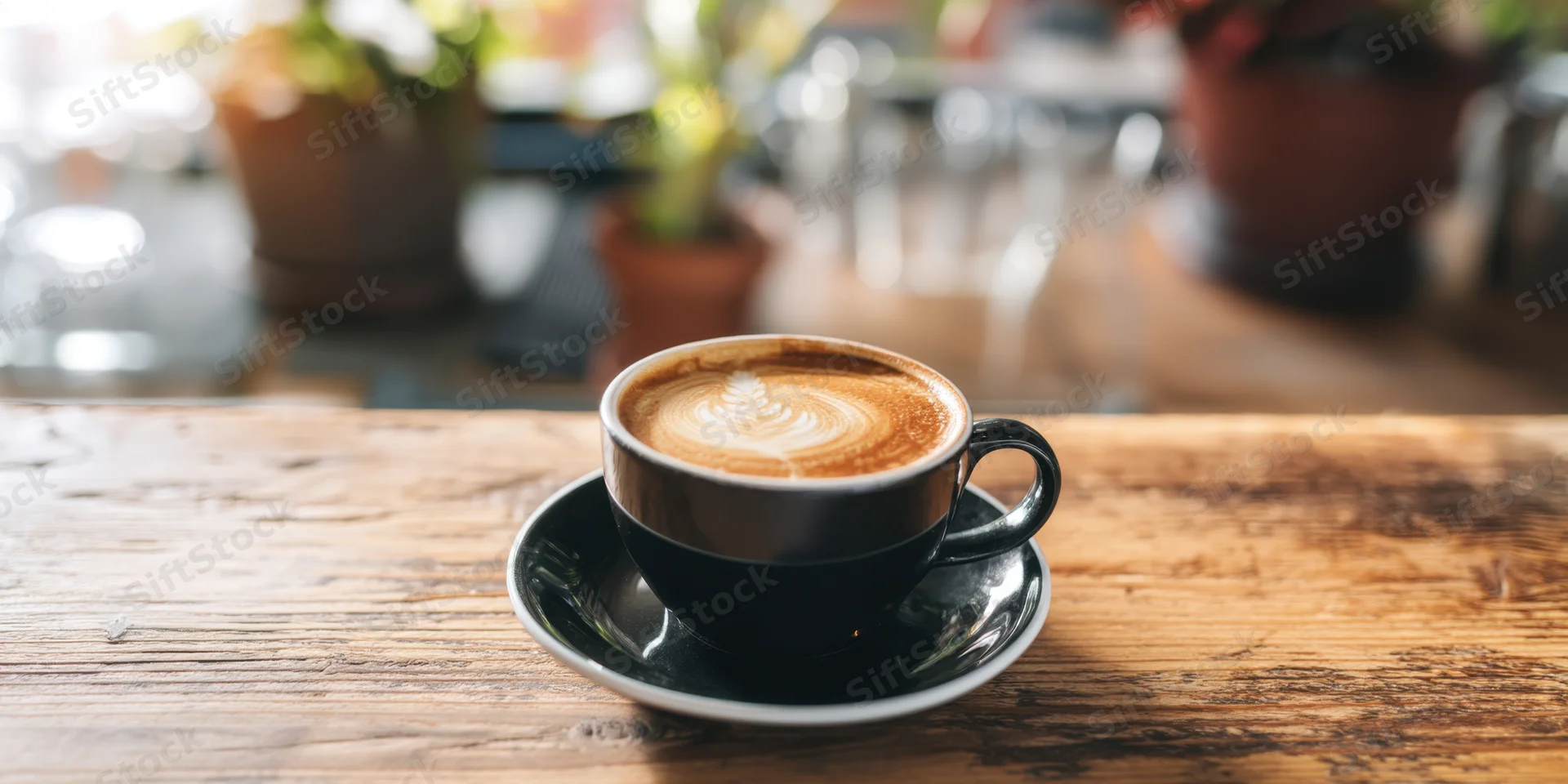 Black ceramic latte cup with rosette latte art on a wooden table in a cafe