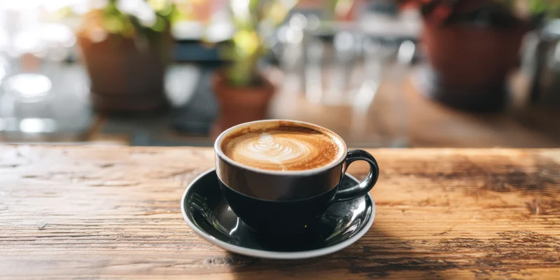 Black ceramic latte cup with rosette latte art on a wooden table in a cafe