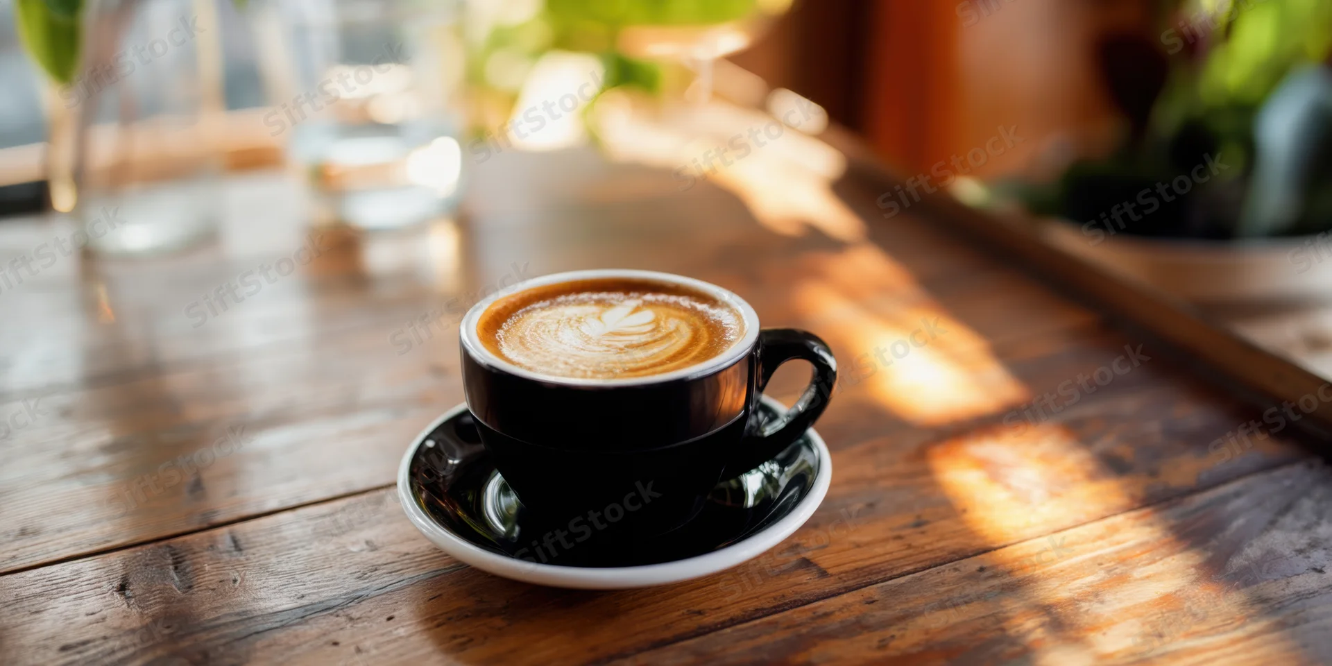 Black ceramic latte cup with rosette latte art on a wooden table in sunlight