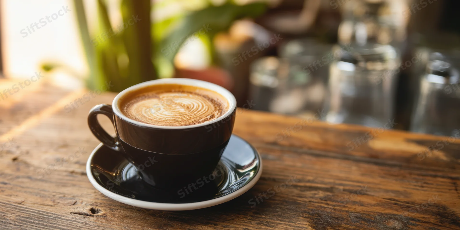 Black ceramic latte cup with rosette latte art on a wooden table in a cafe