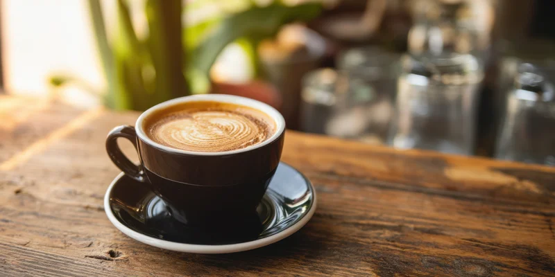 Black ceramic latte cup with rosette latte art on a wooden table in a cafe