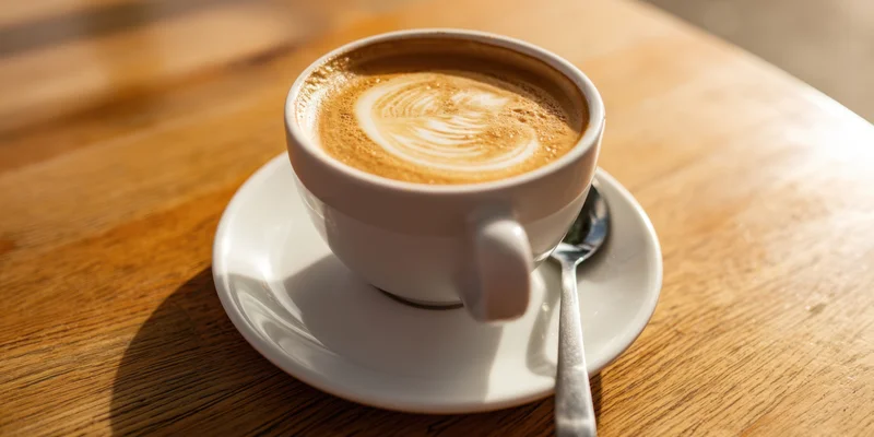 Cappuccino with latte art rosette in a white ceramic cup on a wooden table