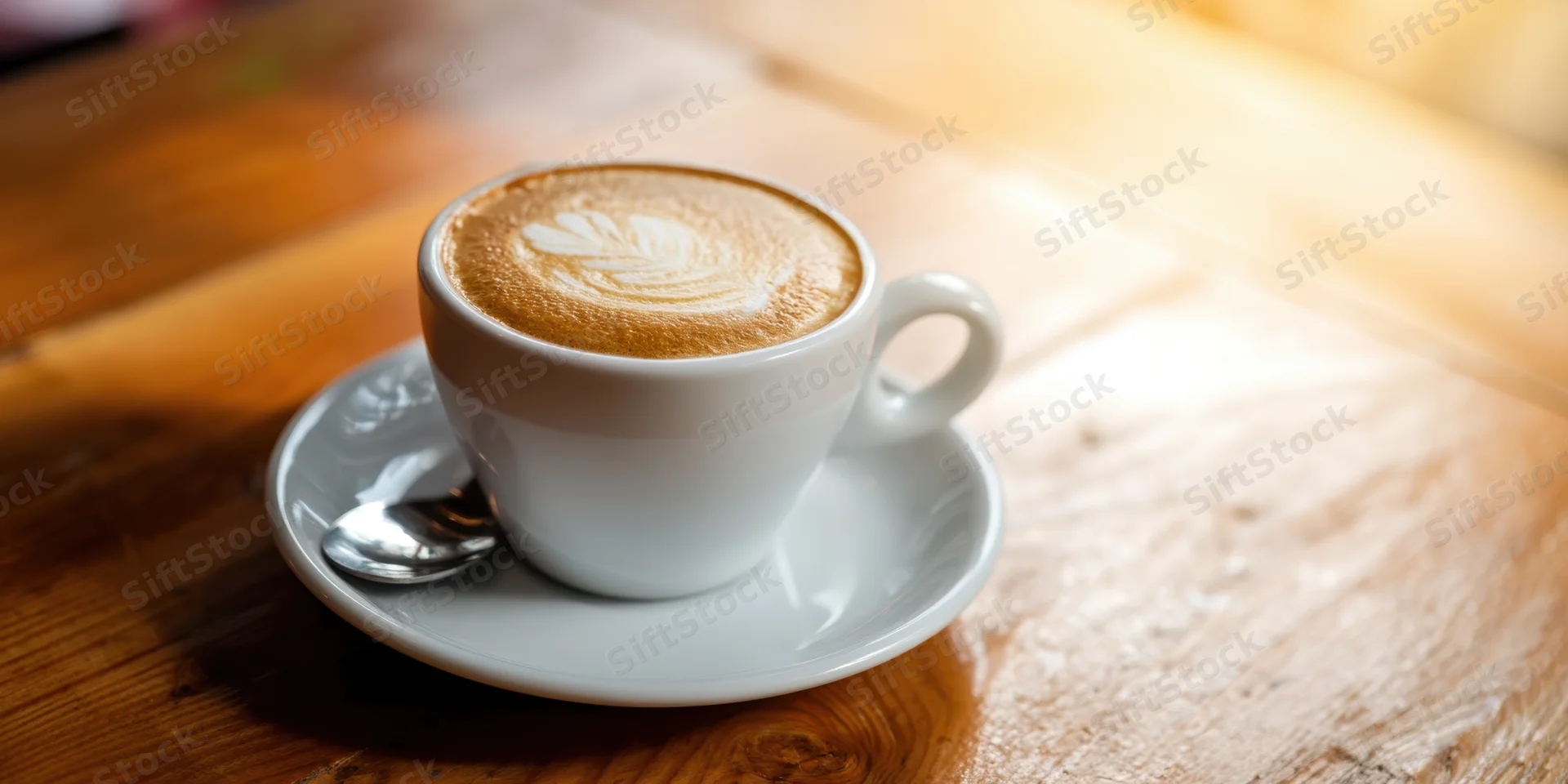 Cappuccino with latte art rosette in a white ceramic cup on a wooden table