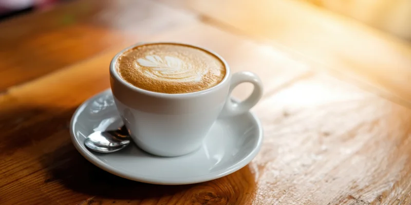 Cappuccino with latte art rosette in a white ceramic cup on a wooden table