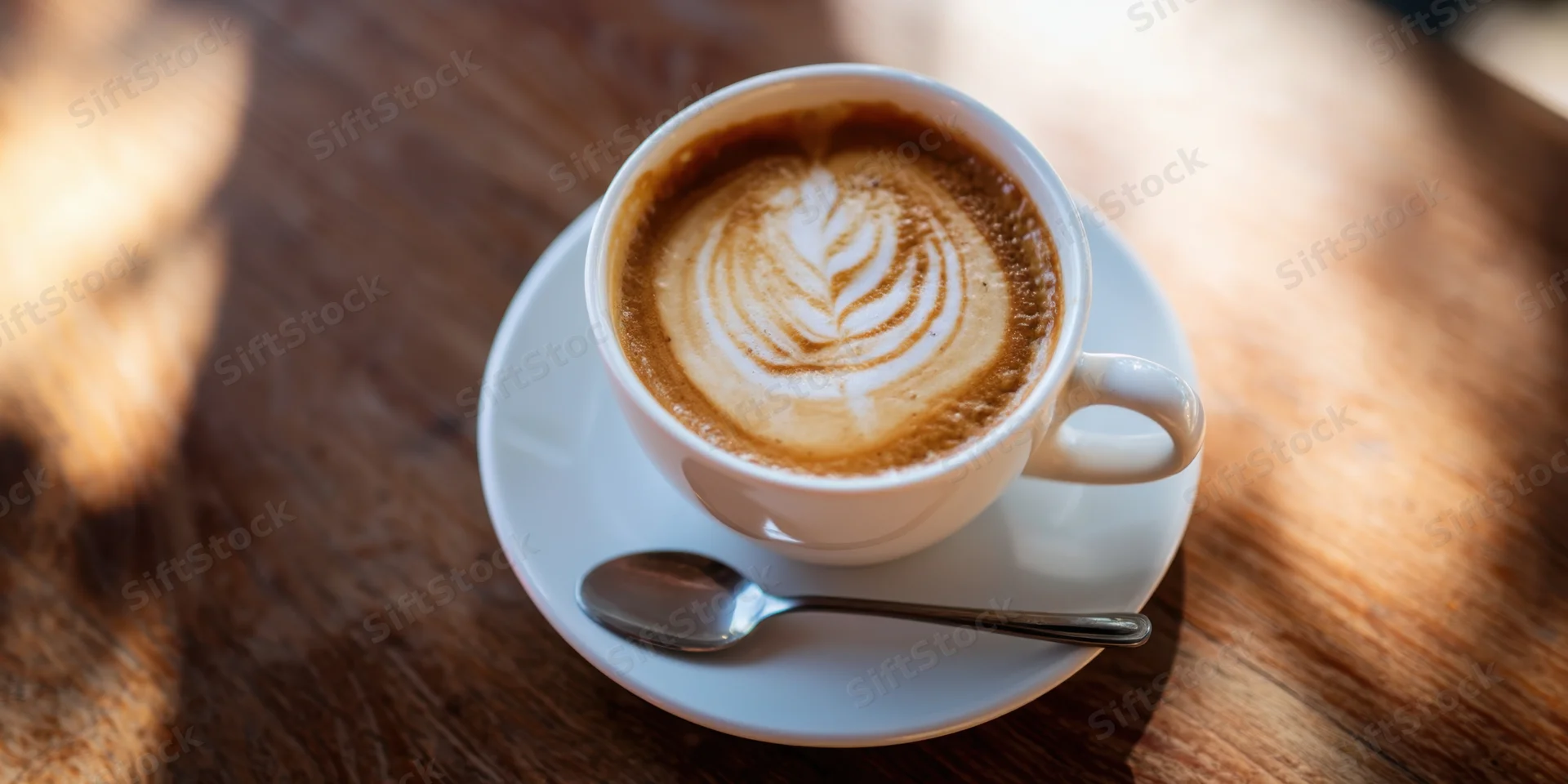 Cappuccino with latte art rosette in white ceramic cup on wooden table with spoon and sunlight