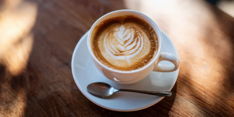 Cappuccino with latte art rosette in white ceramic cup on wooden table with spoon and sunlight
