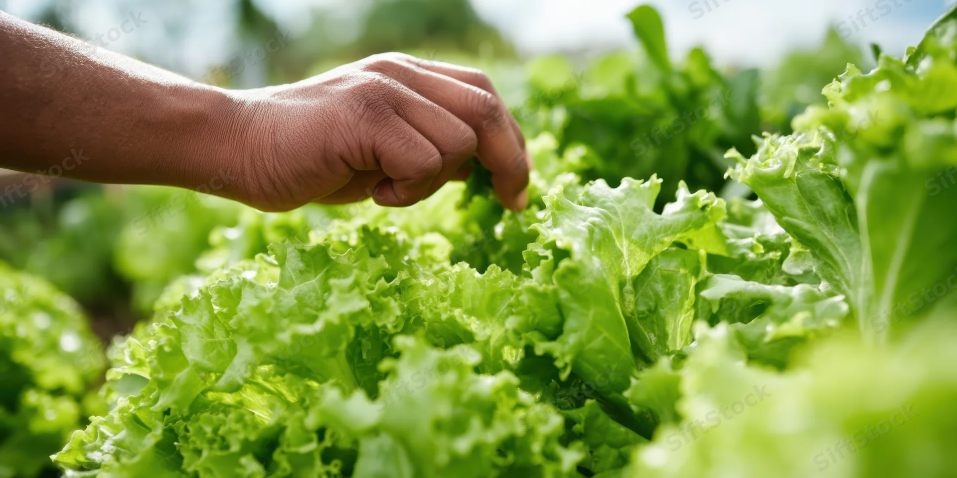 Hand reaching toward lush green lettuce leaves in a garden