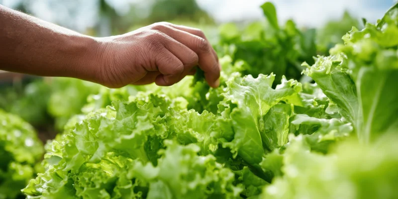 Hand reaching toward lush green lettuce leaves in a garden
