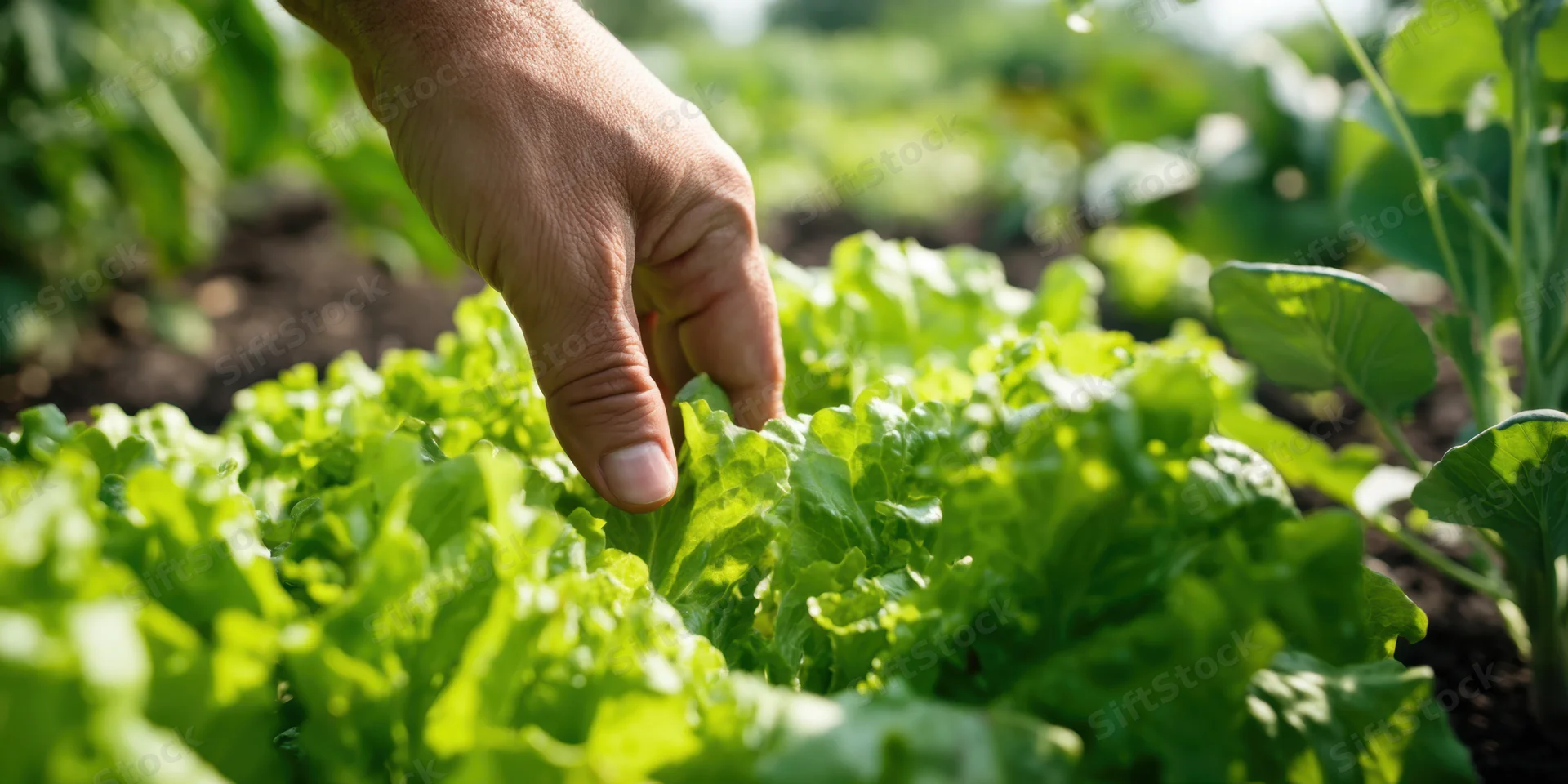Hand reaching toward lush green lettuce leaves in a garden