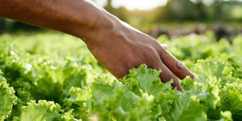 Hand gently touching lush green lettuce leaves in a farm field