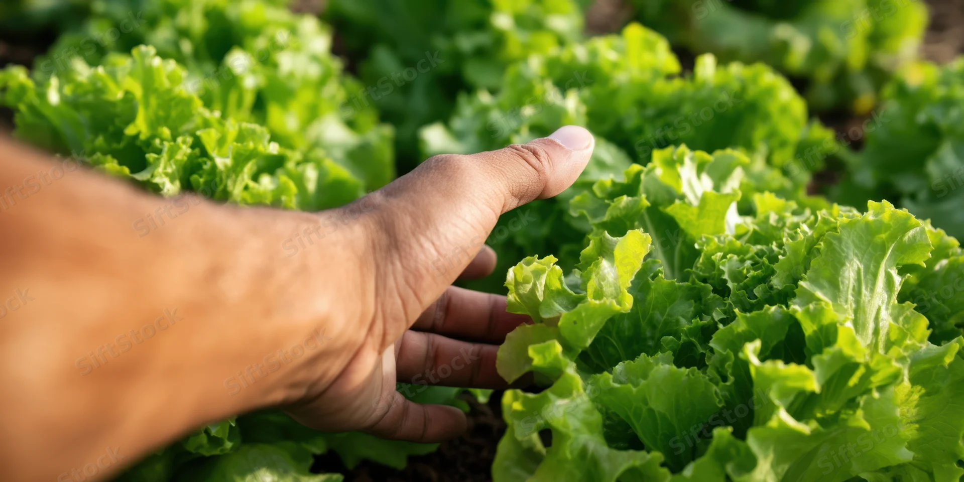 Hand reaching toward lush green lettuce leaves in a garden