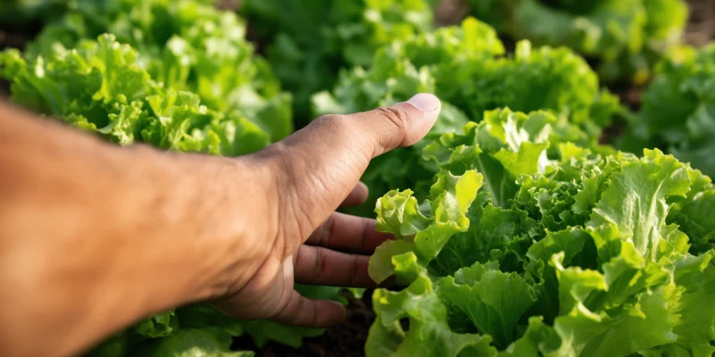 Hand reaching toward lush green lettuce leaves in a garden