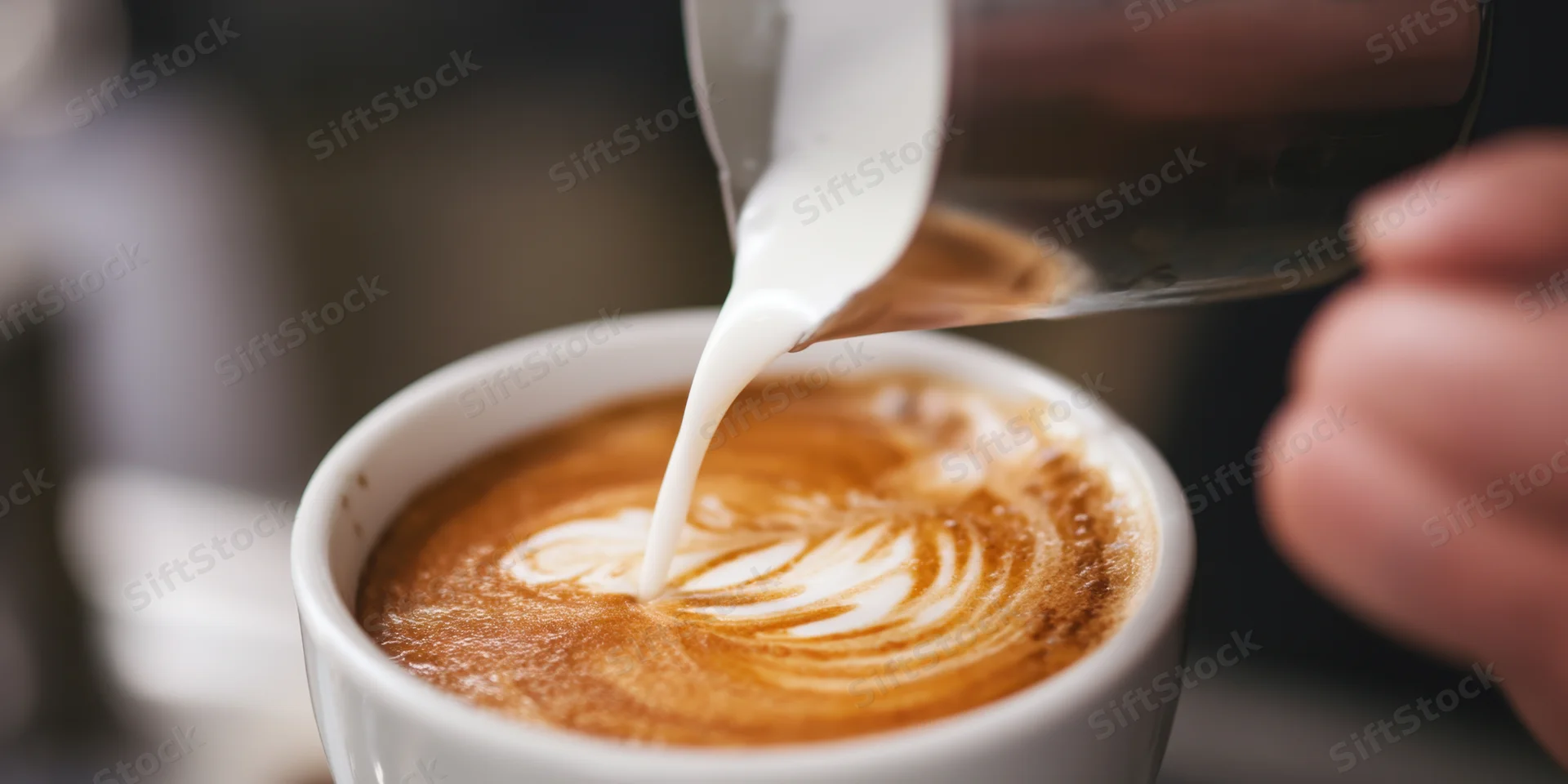 Hand pouring microfoam into a latte cup to create latte art in a coffee shop