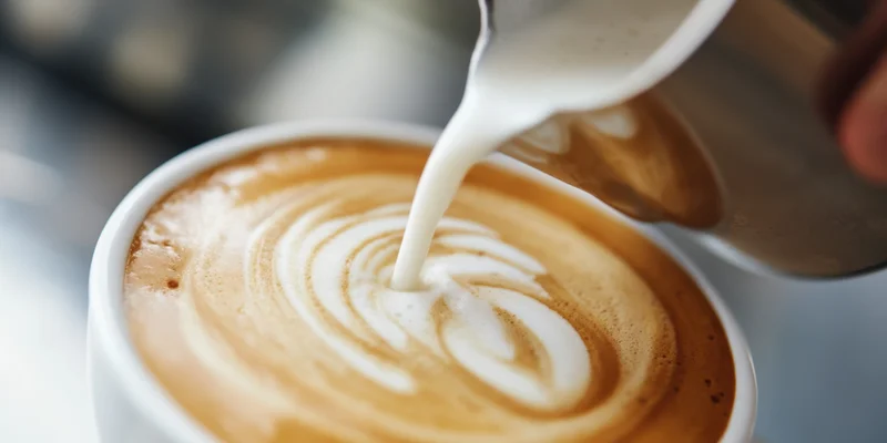 Hand pouring microfoam into a latte cup to create swirling foam art