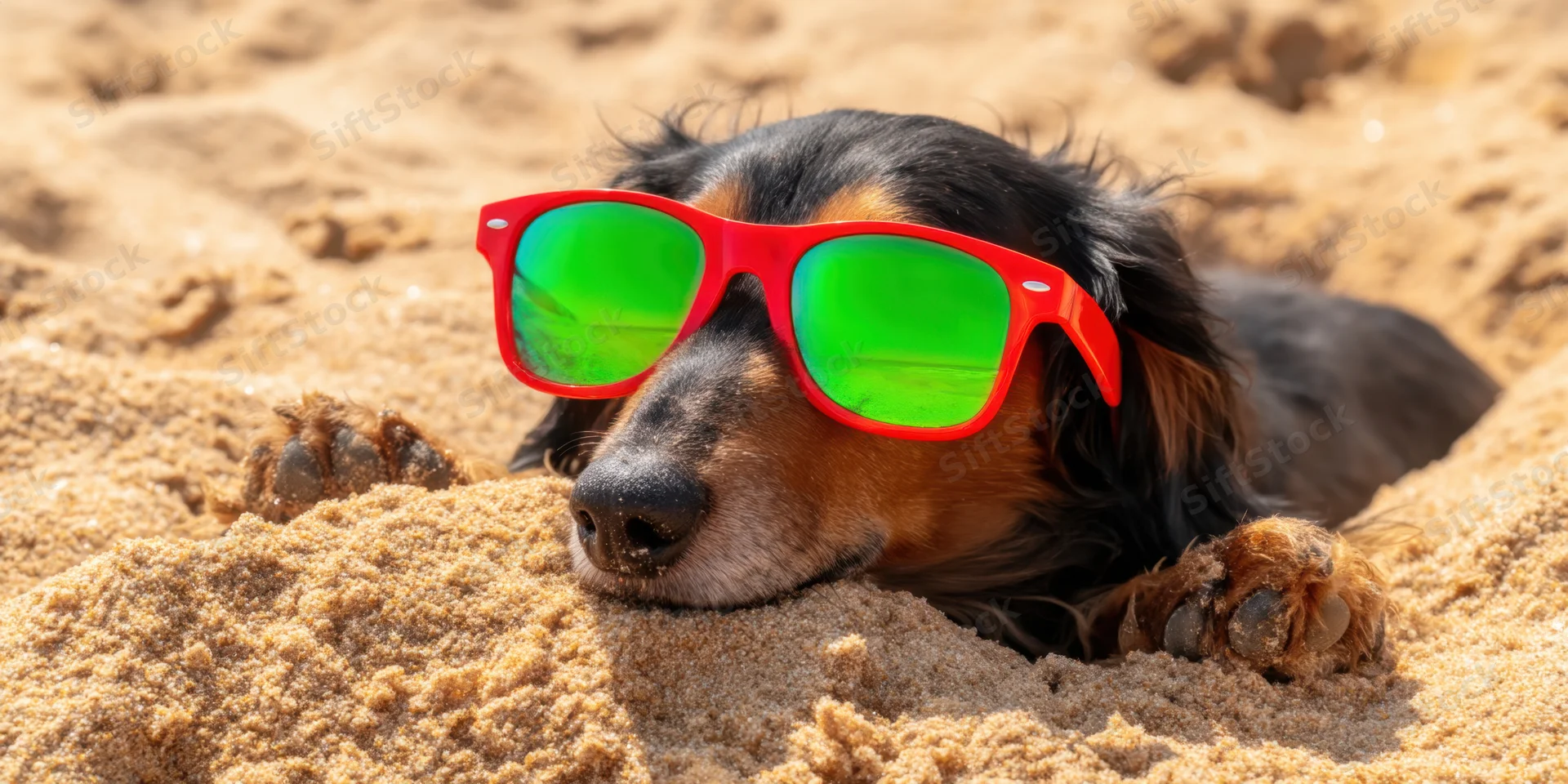 Dachshund wearing red sunglasses resting in golden beach sand