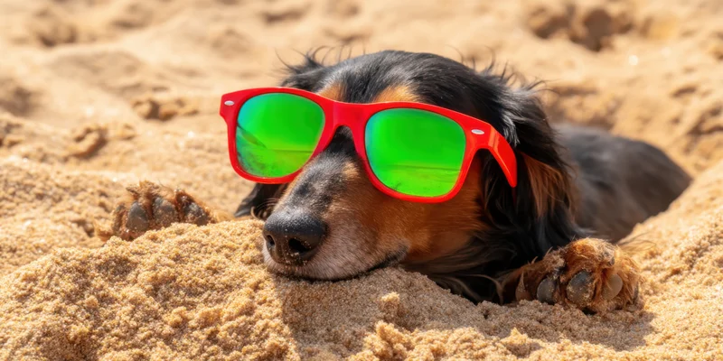 Dachshund wearing red sunglasses resting in golden beach sand