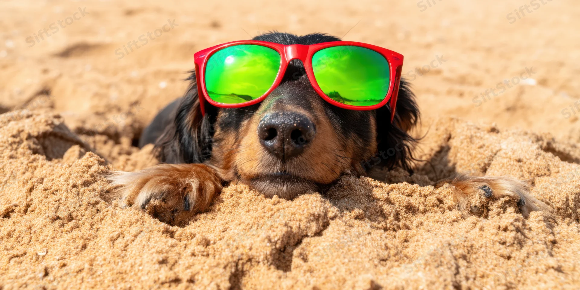 Dachshund wearing red sunglasses buried in beach sand with paws visible