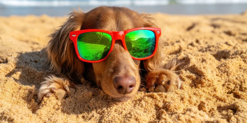 Dachshund wearing red sunglasses buried in golden beach sand with ocean in background