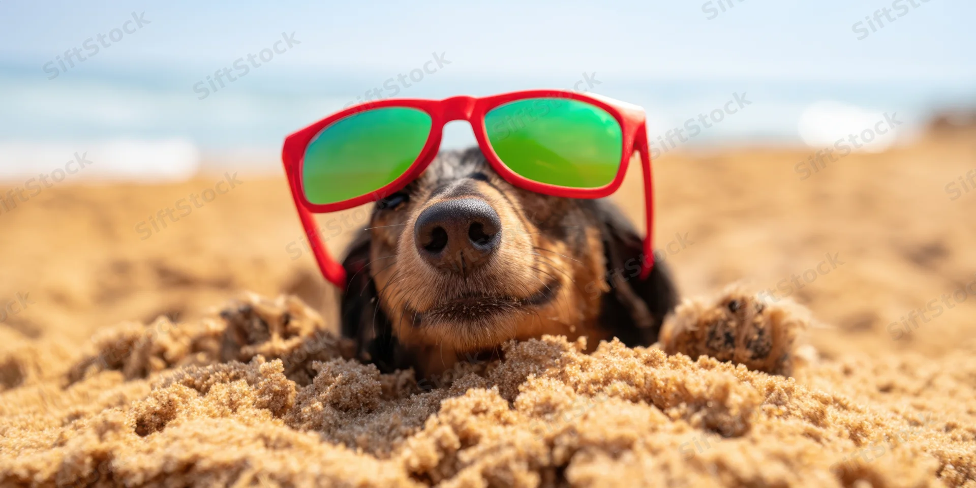 Dachshund buried in sand on beach wearing red sunglasses