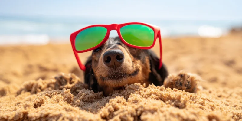Dachshund buried in sand on beach wearing red sunglasses