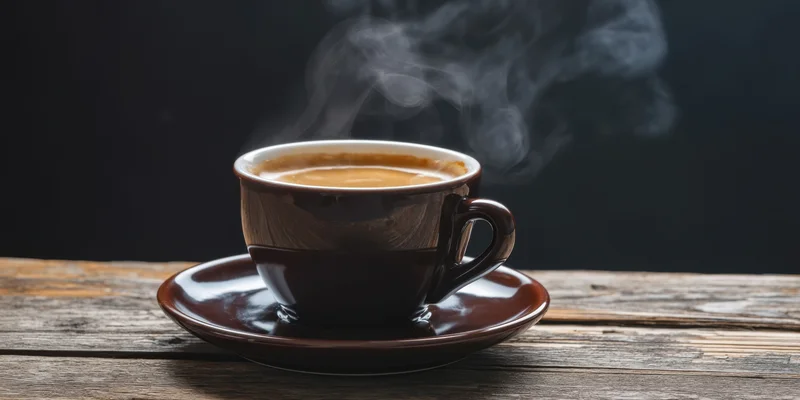 Steaming coffee cup on a matching saucer resting on a rustic wooden table