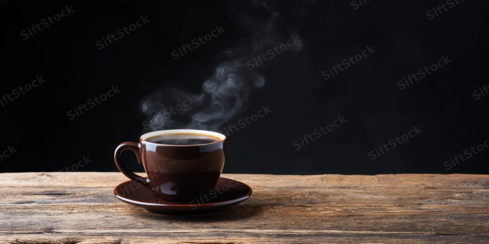 Steaming dark ceramic coffee cup on a matching saucer resting on a rustic wooden table