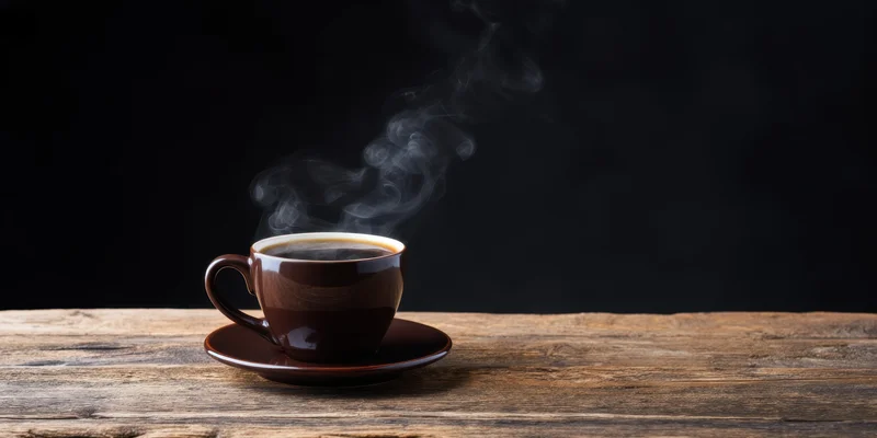 Steaming dark ceramic coffee cup on a matching saucer resting on a rustic wooden table