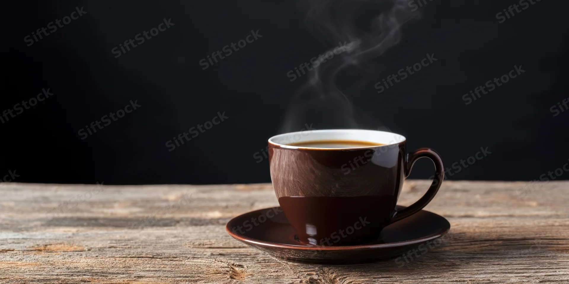 Steaming dark ceramic coffee cup on matching saucer resting on rustic wooden table