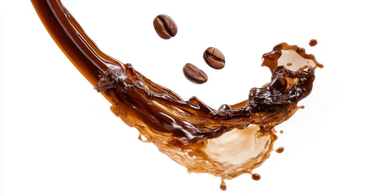 Dynamic splash of coffee with whole beans suspended midair against white background